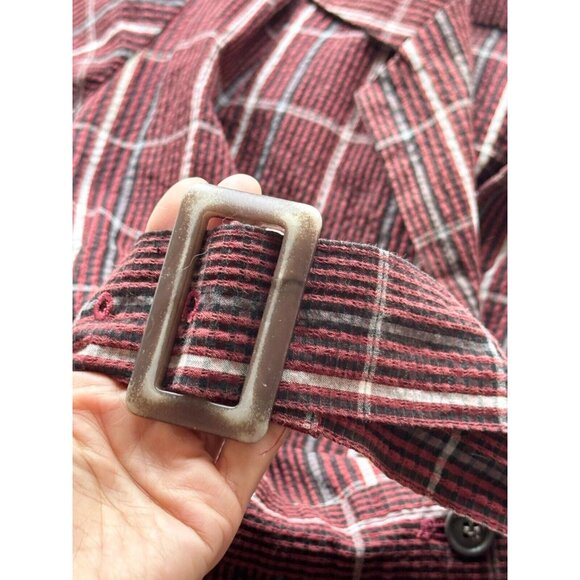 MOUSSY Dark Red Burgundy Check Cotton Seersucker Retro Midi Shirt Dress, Size M - Picture 9 of 13